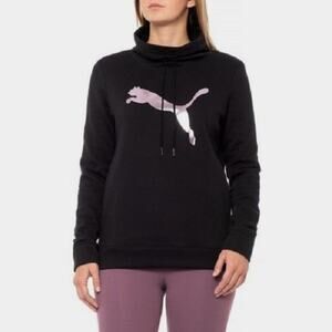 Puma Women’s Black Pullover Sweatshirt Pink Metallic Logo Funnel Neck Size M